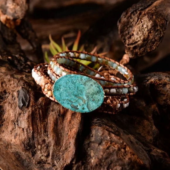 Handmade Leather Gemstone Jasper Wrap Bracelet - Picture 2 of 7